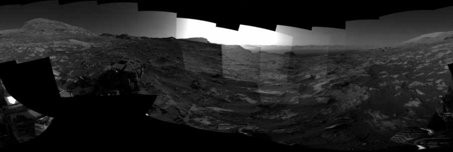 NASA's Mars rover Curiosity took 29 images in Gale Crater using its mast-mounted Right Navigation Camera (Navcam) to create this mosaic. The seam-corrected mosaic provides a 360-degree cylindrical projection panorama of the Martian surface centered at 298 degrees azimuth (measured clockwise from north). Curiosity took the images on August 11, 2021, Sol 3204 of the Mars Science Laboratory mission at drive 1708, site number 90. The local mean solar time for the image exposures was 4 PM. Each Navcam image has a 45 degree field of view. CREDIT: NASA/JPL-Caltech
