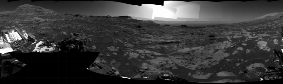 NASA's Mars rover Curiosity took 31 images in Gale Crater using its mast-mounted Right Navigation Camera (Navcam) to create this mosaic. The seam-corrected mosaic provides a 360-degree cylindrical projection panorama of the Martian surface centered at 295 degrees azimuth (measured clockwise from north). Curiosity took the images on August 13, 2021, Sol 3206 of the Mars Science Laboratory mission at drive 1732, site number 90. The local mean solar time for the image exposures was 2 PM. Each Navcam image has a 45 degree field of view. CREDIT: NASA/JPL-Caltech