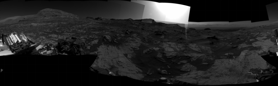 NASA's Mars rover Curiosity took 25 images in Gale Crater using its mast-mounted Right Navigation Camera (Navcam) to create this mosaic. The seam-corrected mosaic provides a 360-degree cylindrical projection panorama of the Martian surface centered at 264 degrees azimuth (measured clockwise from north). Curiosity took the images on August 16, 2021, Sol 3209 of the Mars Science Laboratory mission at drive 1870, site number 90. The local mean solar time for the image exposures was from 2 PM to 3 PM. Each Navcam image has a 45 degree field of view. CREDIT: NASA/JPL-Caltech