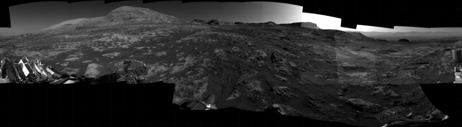NASA's Mars rover Curiosity took 25 images in Gale Crater using its mast-mounted Right Navigation Camera (Navcam) to create this mosaic. The seam-corrected mosaic provides a 360-degree cylindrical projection panorama of the Martian surface centered at 223 degrees azimuth (measured clockwise from north). Curiosity took the images on August 17, 2021, Sol 3210 of the Mars Science Laboratory mission at drive 2078, site number 90. The local mean solar time for the image exposures was 3 PM. Each Navcam image has a 45 degree field of view. CREDIT: NASA/JPL-Caltech