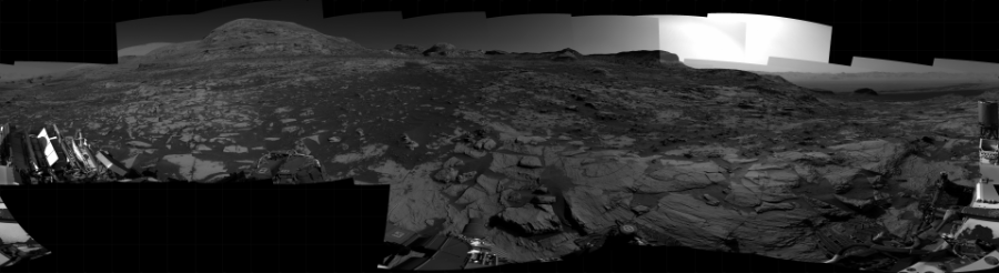NASA's Mars rover Curiosity took 27 images in Gale Crater using its mast-mounted Right Navigation Camera (Navcam) to create this mosaic. The seam-corrected mosaic provides a 360-degree cylindrical projection panorama of the Martian surface centered at 230 degrees azimuth (measured clockwise from north). Curiosity took the images on August 18, 2021, Sol 3211 of the Mars Science Laboratory mission at drive 2270, site number 90. The local mean solar time for the image exposures was 2 PM. Each Navcam image has a 45 degree field of view. CREDIT: NASA/JPL-Caltech