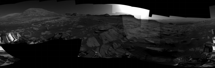 NASA's Mars rover Curiosity took 27 images in Gale Crater using its mast-mounted Right Navigation Camera (Navcam) to create this mosaic. The seam-corrected mosaic provides a 360-degree cylindrical projection panorama of the Martian surface centered at 260 degrees azimuth (measured clockwise from north). Curiosity took the images on August 20, 2021, Sol 3212 of the Mars Science Laboratory mission at drive 2630, site number 90. The local mean solar time for the image exposures was 3 PM. Each Navcam image has a 45 degree field of view. CREDIT: NASA/JPL-Caltech