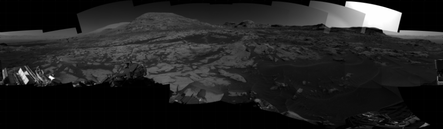 NASA's Mars rover Curiosity took 25 images in Gale Crater using its mast-mounted Right Navigation Camera (Navcam) to create this mosaic. The seam-corrected mosaic provides a 360-degree cylindrical projection panorama of the Martian surface centered at 185 degrees azimuth (measured clockwise from north). Curiosity took the images on August 24, 2021, Sol 3216 of the Mars Science Laboratory mission at drive 2990, site number 90. The local mean solar time for the image exposures was 2 PM. Each Navcam image has a 45 degree field of view. CREDIT: NASA/JPL-Caltech