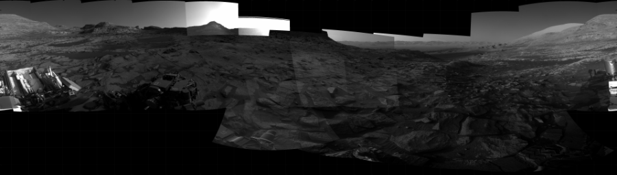 NASA's Mars rover Curiosity took 25 images in Gale Crater using its mast-mounted Right Navigation Camera (Navcam) to create this mosaic. The seam-corrected mosaic provides a 360-degree cylindrical projection panorama of the Martian surface centered at 313 degrees azimuth (measured clockwise from north). Curiosity took the images on August 25, 2021, Sol 3217 of the Mars Science Laboratory mission at drive 0, site number 91. The local mean solar time for the image exposures was from 3 PM to 5 PM. Each Navcam image has a 45 degree field of view. CREDIT: NASA/JPL-Caltech