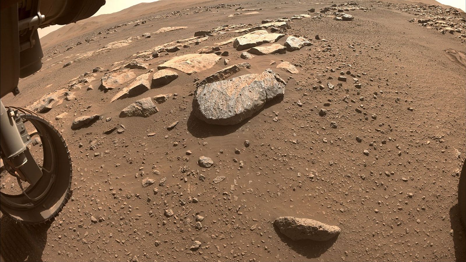 NASA’s Perseverance Mars rover will abrade the rock at the center of this image, allowing scientists and engineers to assess whether it would hold up to the rover’s more powerful sampling drill.