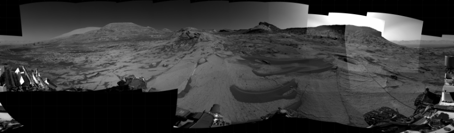 NASA's Mars rover Curiosity took 29 images in Gale Crater using its mast-mounted Right Navigation Camera (Navcam) to create this mosaic. The seam-corrected mosaic provides a 360-degree cylindrical projection panorama of the Martian surface centered at 215 degrees azimuth (measured clockwise from north). Curiosity took the images on August 30, 2021, Sol 3222 of the Mars Science Laboratory mission at drive 390, site number 91. The local mean solar time for the image exposures was from 2 PM to 3 PM. Each Navcam image has a 45 degree field of view. CREDIT: NASA/JPL-Caltech
