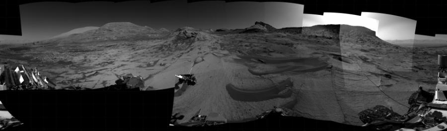 NASA's Mars rover Curiosity took 31 images in Gale Crater using its mast-mounted Right Navigation Camera (Navcam) to create this mosaic. The seam-corrected mosaic provides a 360-degree cylindrical projection panorama of the Martian surface centered at 215 degrees azimuth (measured clockwise from north). Curiosity took the images on September 01, 2021, Sols 3224-3222 of the Mars Science Laboratory mission at drive 390, site number 91. The local mean solar time for the image exposures was 3 PM. Each Navcam image has a 45 degree field of view. CREDIT: NASA/JPL-Caltech