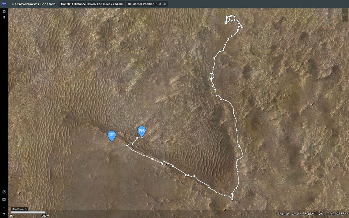 Mars Perseverance rover shown daily in an interactive map called “Where is Perseverance?”. The tool shows the path taken by the rover (marked in white) and key stops along the way.