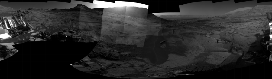 NASA's Mars rover Curiosity took 30 images in Gale Crater using its mast-mounted Right Navigation Camera (Navcam) to create this mosaic. The seam-corrected mosaic provides a 360-degree cylindrical projection panorama of the Martian surface centered at 320 degrees azimuth (measured clockwise from north). Curiosity took the images on September 29, 2021, Sols 3251-3247 of the Mars Science Laboratory mission at drive 516, site number 91. The local mean solar time for the image exposures was from 1 PM to 4 PM. Each Navcam image has a 45 degree field of view. CREDIT: NASA/JPL-Caltech