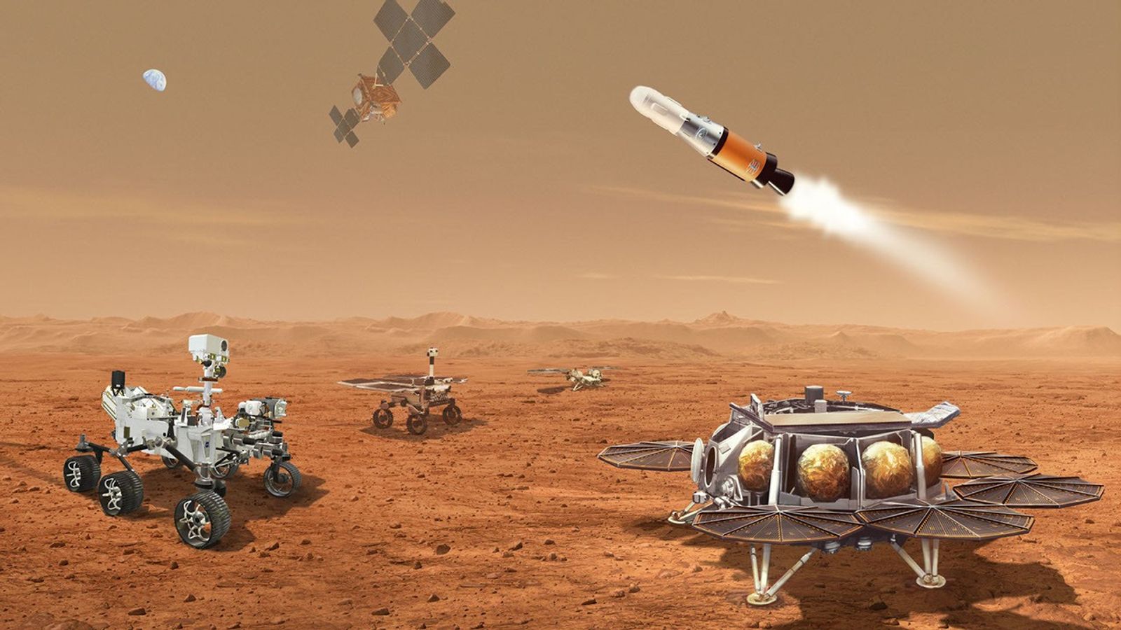 This illustration shows a concept for multiple robots that would team up to ferry to Earth samples collected from the Mars surface by NASA's Mars Perseverance rover.