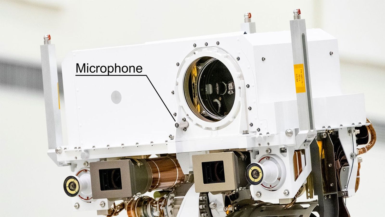 NASA’s Perseverance Mars rover carries two commercial-grade microphones, including this one on its mast. The mast microphone is part of the SuperCam instrument.
