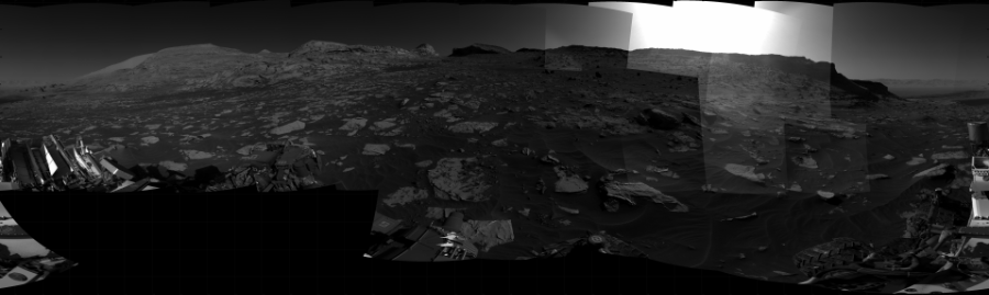 NASA's Mars rover Curiosity took 31 images in Gale Crater using its mast-mounted Right Navigation Camera (Navcam) to create this mosaic. The seam-corrected mosaic provides a 360-degree cylindrical projection panorama of the Martian surface centered at 225 degrees azimuth (measured clockwise from north). Curiosity took the images on October 28, 2021, Sol 3280 of the Mars Science Laboratory mission at drive 1544, site number 91. The local mean solar time for the image exposures was 3 PM. Each Navcam image has a 45 degree field of view. CREDIT: NASA/JPL-Caltech