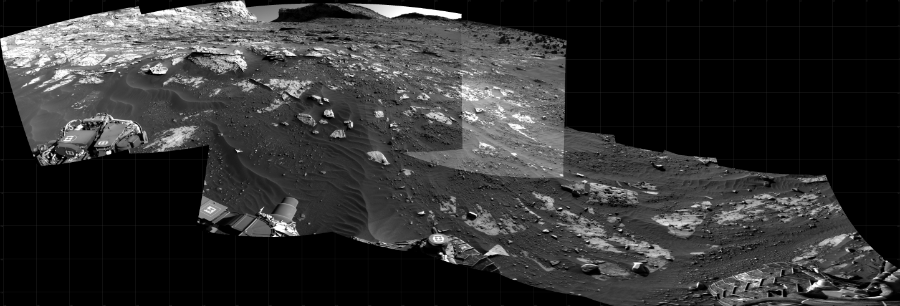 NASA's Mars rover Curiosity took 10 images in Gale Crater using its mast-mounted Right Navigation Camera (Navcam) to create this mosaic. The seam-corrected mosaic provides a 271-degree cylindrical projection panorama of the Martian surface centered at 265 degrees azimuth (measured clockwise from north). Curiosity took the images on November 01, 2021, Sol 3284 of the Mars Science Laboratory mission at drive 1904, site number 91. The local mean solar time for the image exposures was 3 PM. Each Navcam image has a 45 degree field of view. CREDIT: NASA/JPL-Caltech