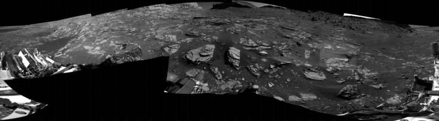 NASA's Mars rover Curiosity took 19 images in Gale Crater using its mast-mounted Right Navigation Camera (Navcam) to create this mosaic. The seam-corrected mosaic provides a 360-degree cylindrical projection panorama of the Martian surface centered at 216 degrees azimuth (measured clockwise from north). Curiosity took the images on November 03, 2021, Sol 3285 of the Mars Science Laboratory mission at drive 2030, site number 91. The local mean solar time for the image exposures was 2 PM. Each Navcam image has a 45 degree field of view. CREDIT: NASA/JPL-Caltech