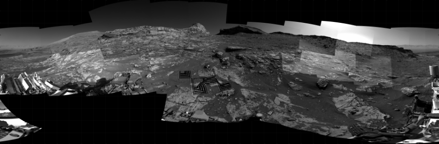 NASA's Mars rover Curiosity took 32 images in Gale Crater using its mast-mounted Right Navigation Camera (Navcam) to create this mosaic. The seam-corrected mosaic provides a 360-degree cylindrical projection panorama of the Martian surface centered at 213 degrees azimuth (measured clockwise from north). Curiosity took the images on November 05, 2021, Sols 3287-3286 of the Mars Science Laboratory mission at drive 2132, site number 91. The local mean solar time for the image exposures was 3 PM. Each Navcam image has a 45 degree field of view. CREDIT: NASA/JPL-Caltech