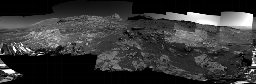 NASA's Mars rover Curiosity took 36 images in Gale Crater using its mast-mounted Right Navigation Camera (Navcam) to create this mosaic. The seam-corrected mosaic provides a 360-degree cylindrical projection panorama of the Martian surface centered at 213 degrees azimuth (measured clockwise from north). Curiosity took the images on November 17, 2021, Sols 3299-3286 of the Mars Science Laboratory mission at drive 2132, site number 91. The local mean solar time for the image exposures was from 8 AM to 3 PM. Each Navcam image has a 45 degree field of view. CREDIT: NASA/JPL-Caltech