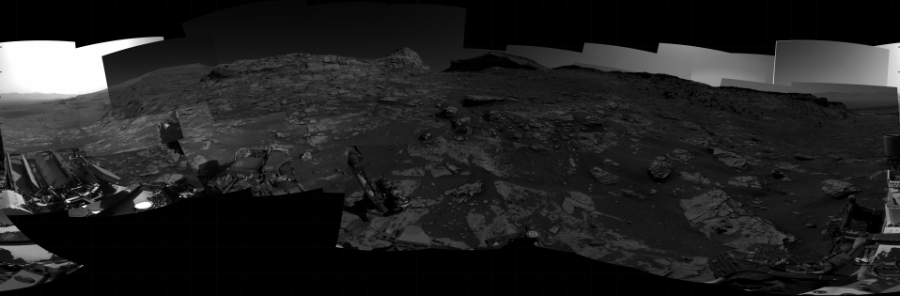 NASA's Mars rover Curiosity took 59 images in Gale Crater using its mast-mounted Right Navigation Camera (Navcam) to create this mosaic. The seam-corrected mosaic provides a 360-degree cylindrical projection panorama of the Martian surface centered at 213 degrees azimuth (measured clockwise from north). Curiosity took the images on November 22, 2021, Sols 3304-3286 of the Mars Science Laboratory mission at drive 2132, site number 91. The local mean solar time for the image exposures was from 1 PM to 3 PM. Each Navcam image has a 45 degree field of view. CREDIT: NASA/JPL-Caltech