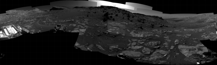NASA's Mars rover Curiosity took 22 images in Gale Crater using its mast-mounted Right Navigation Camera (Navcam) to create this mosaic. The seam-corrected mosaic provides a 360-degree cylindrical projection panorama of the Martian surface centered at 290 degrees azimuth (measured clockwise from north). Curiosity took the images on November 30, 2021, Sol 3312 of the Mars Science Laboratory mission at drive 2442, site number 91. The local mean solar time for the image exposures was 2 PM. Each Navcam image has a 45 degree field of view. CREDIT: NASA/JPL-Caltech