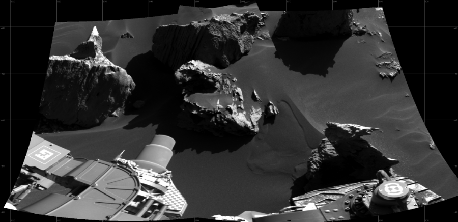 NASA's Mars rover Curiosity took 2 images in Gale Crater using its mast-mounted Right Navigation Camera (Navcam) to create this mosaic. The seam-corrected mosaic provides a 100-degree cylindrical projection panorama of the Martian surface centered at 258 degrees azimuth (measured clockwise from north). Curiosity took the images on December 01, 2021, Sol 3313 of the Mars Science Laboratory mission at drive 2538, site number 91. The local mean solar time for the image exposures was 2 PM. Each Navcam image has a 45 degree field of view. CREDIT: NASA/JPL-Caltech
