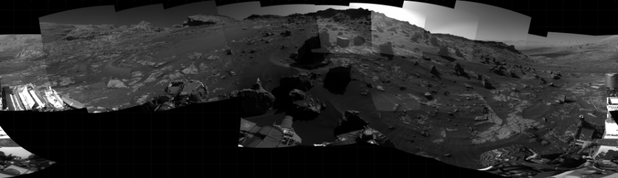 NASA's Mars rover Curiosity took 28 images in Gale Crater using its mast-mounted Right Navigation Camera (Navcam) to create this mosaic. The seam-corrected mosaic provides a 360-degree cylindrical projection panorama of the Martian surface centered at 262 degrees azimuth (measured clockwise from north). Curiosity took the images on December 02, 2021, Sols 3314-3313 of the Mars Science Laboratory mission at drive 2538, site number 91. The local mean solar time for the image exposures was from 2 PM to 12 PM. Each Navcam image has a 45 degree field of view. CREDIT: NASA/JPL-Caltech