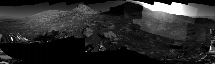 NASA's Mars rover Curiosity took 31 images in Gale Crater using its mast-mounted Right Navigation Camera (Navcam) to create this mosaic. The seam-corrected mosaic provides a 360-degree cylindrical projection panorama of the Martian surface centered at 201 degrees azimuth (measured clockwise from north). Curiosity took the images on December 06, 2021, Sol 3318 of the Mars Science Laboratory mission at drive 3000, site number 91. The local mean solar time for the image exposures was from 3 PM to 4 PM. Each Navcam image has a 45 degree field of view. CREDIT: NASA/JPL-Caltech