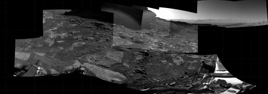 NASA's Mars rover Curiosity took 14 images in Gale Crater using its mast-mounted Right Navigation Camera (Navcam) to create this mosaic. The seam-corrected mosaic provides a 285-degree cylindrical projection panorama of the Martian surface centered at 286 degrees azimuth (measured clockwise from north). Curiosity took the images on December 07, 2021, Sol 3319 of the Mars Science Laboratory mission at drive 3204, site number 91. The local mean solar time for the image exposures was 3 PM. Each Navcam image has a 45 degree field of view. CREDIT: NASA/JPL-Caltech
