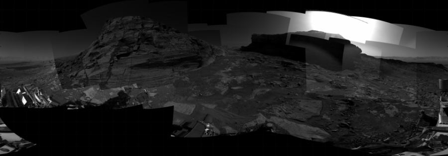 NASA's Mars rover Curiosity took 37 images in Gale Crater using its mast-mounted Right Navigation Camera (Navcam) to create this mosaic. The seam-corrected mosaic provides a 360-degree cylindrical projection panorama of the Martian surface centered at 199 degrees azimuth (measured clockwise from north). Curiosity took the images on December 08, 2021, Sols 3320-3319 of the Mars Science Laboratory mission at drive 3204, site number 91. The local mean solar time for the image exposures was from 3 PM to 12 PM. Each Navcam image has a 45 degree field of view. CREDIT: NASA/JPL-Caltech