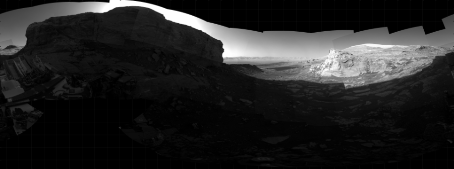 NASA's Mars rover Curiosity took 31 images in Gale Crater using its mast-mounted Right Navigation Camera (Navcam) to create this mosaic. The seam-corrected mosaic provides a 360-degree cylindrical projection panorama of the Martian surface centered at 355 degrees azimuth (measured clockwise from north). Curiosity took the images on December 13, 2021, Sol 3324 of the Mars Science Laboratory mission at drive 84, site number 92. The local mean solar time for the image exposures was from 3 PM to 4 PM. Each Navcam image has a 45 degree field of view. CREDIT: NASA/JPL-Caltech