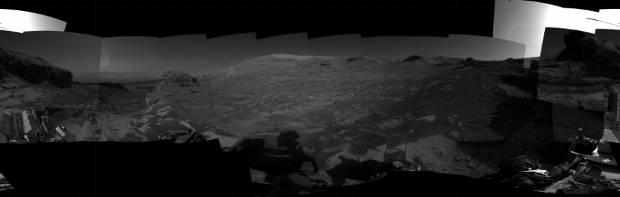 NASA's Mars rover Curiosity took 34 images in Gale Crater using its mast-mounted Right Navigation Camera (Navcam) to create this mosaic. The seam-corrected mosaic provides a 360-degree cylindrical projection panorama of the Martian surface centered at 125 degrees azimuth (measured clockwise from north). Curiosity took the images on December 17, 2021, Sols 3328-3326 of the Mars Science Laboratory mission at drive 270, site number 92. The local mean solar time for the image exposures was from 11 AM to 3 PM. Each Navcam image has a 45 degree field of view. CREDIT: NASA/JPL-Caltech