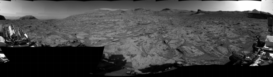 NASA's Mars rover Curiosity took 31 images in Gale Crater using its mast-mounted Right Navigation Camera (Navcam) to create this mosaic. The seam-corrected mosaic provides a 360-degree cylindrical projection panorama of the Martian surface centered at 150 degrees azimuth (measured clockwise from north). Curiosity took the images on December 18, 2021, Sol 3329 of the Mars Science Laboratory mission at drive 420, site number 92. The local mean solar time for the image exposures was from 1 PM to 2 PM. Each Navcam image has a 45 degree field of view. CREDIT: NASA/JPL-Caltech