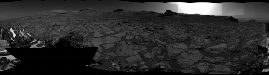 NASA's Mars rover Curiosity took 31 images in Gale Crater using its mast-mounted Right Navigation Camera (Navcam) to create this mosaic. The seam-corrected mosaic provides a 360-degree cylindrical projection panorama of the Martian surface centered at 211 degrees azimuth (measured clockwise from north). Curiosity took the images on December 20, 2021, Sol 3331 of the Mars Science Laboratory mission at drive 768, site number 92. The local mean solar time for the image exposures was from 2 PM to 3 PM. Each Navcam image has a 45 degree field of view. CREDIT: NASA/JPL-Caltech