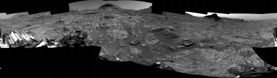 NASA's Mars rover Curiosity took 20 images in Gale Crater using its mast-mounted Right Navigation Camera (Navcam) to create this mosaic. The seam-corrected mosaic provides a 360-degree cylindrical projection panorama of the Martian surface centered at 226 degrees azimuth (measured clockwise from north). Curiosity took the images on January 03, 2022, Sol 3345 of the Mars Science Laboratory mission at drive 1494, site number 92. The local mean solar time for the image exposures was from 1 PM to 2 PM. Each Navcam image has a 45 degree field of view. CREDIT: NASA/JPL-Caltech