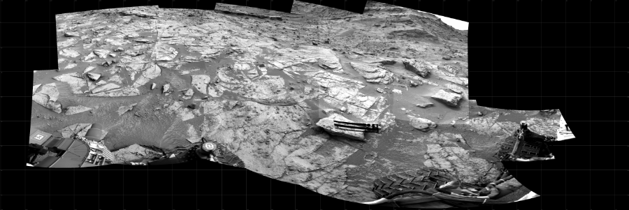 NASA's Mars rover Curiosity took 12 images in Gale Crater using its mast-mounted Right Navigation Camera (Navcam) to create this mosaic. The seam-corrected mosaic provides a 256-degree cylindrical projection panorama of the Martian surface centered at 268 degrees azimuth (measured clockwise from north). Curiosity took the images on January 07, 2022, Sol 3349 of the Mars Science Laboratory mission at drive 1962, site number 92. The local mean solar time for the image exposures was from 2 PM to 3 PM. Each Navcam image has a 45 degree field of view. CREDIT: NASA/JPL-Caltech