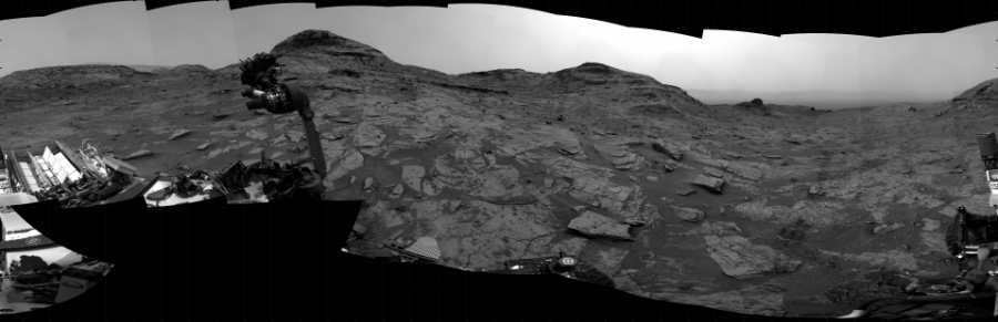 NASA's Mars rover Curiosity took 31 images in Gale Crater using its mast-mounted Right Navigation Camera (Navcam) to create this mosaic. The seam-corrected mosaic provides a 360-degree cylindrical projection panorama of the Martian surface centered at 252 degrees azimuth (measured clockwise from north). Curiosity took the images on January 09, 2022, Sol 3351 of the Mars Science Laboratory mission at drive 2002, site number 92. The local mean solar time for the image exposures was 1 PM. Each Navcam image has a 45 degree field of view. CREDIT: NASA/JPL-Caltech