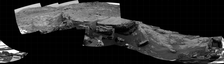 NASA's Mars rover Curiosity took 11 images in Gale Crater using its mast-mounted Right Navigation Camera (Navcam) to create this mosaic. The seam-corrected mosaic provides a 360-degree cylindrical projection panorama of the Martian surface centered at 210 degrees azimuth (measured clockwise from north). Curiosity took the images on January 12, 2022, Sol 3354 of the Mars Science Laboratory mission at drive 2272, site number 92. The local mean solar time for the image exposures was 2 PM. Each Navcam image has a 45 degree field of view. CREDIT: NASA/JPL-Caltech