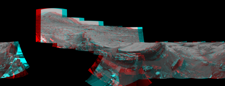 NASA's Mars rover Curiosity took 11 image pairs in Gale Crater using its mast-mounted Navigation Camera (Navcam) to create this mosaic. The seam-corrected mosaic provides a 1-degree cylindrical perspective projection panorama of the Martian surface suitable for stereo viewing, centered at 150 degrees azimuth (measured clockwise from north). This anaglyph must be viewed with red/blue glasses (red over left eye).  Curiosity took the images on January 12, 2022, Sol 3354 of the Mars Science Laboratory mission at drive 2272, site number 92. The local mean solar time for the image exposures was 2 PM. Each Navcam image has a 45-degree field of view. CREDIT: NASA/JPL-Caltech