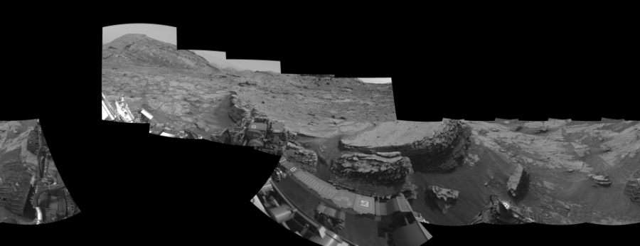 NASA's Mars rover Curiosity took 11 images in Gale Crater using its mast-mounted Left Navigation Camera (Navcam) to create this mosaic. The seam-corrected mosaic provides a 1-degree cylindrical-perspective projection panorama of the Martian surface suitable for stereo viewing, centered at 150 degrees azimuth (measured clockwise from north). This single-eye view must be combined with the partner right image to be viewed in stereo. Curiosity took the images on January 12, 2022, Sol 3354 of the Mars Science Laboratory mission at drive 2272, site number 92. The local mean solar time for the image exposures was 2 PM. Each Navcam image has a 45-degree field of view. CREDIT: NASA/JPL-Caltech