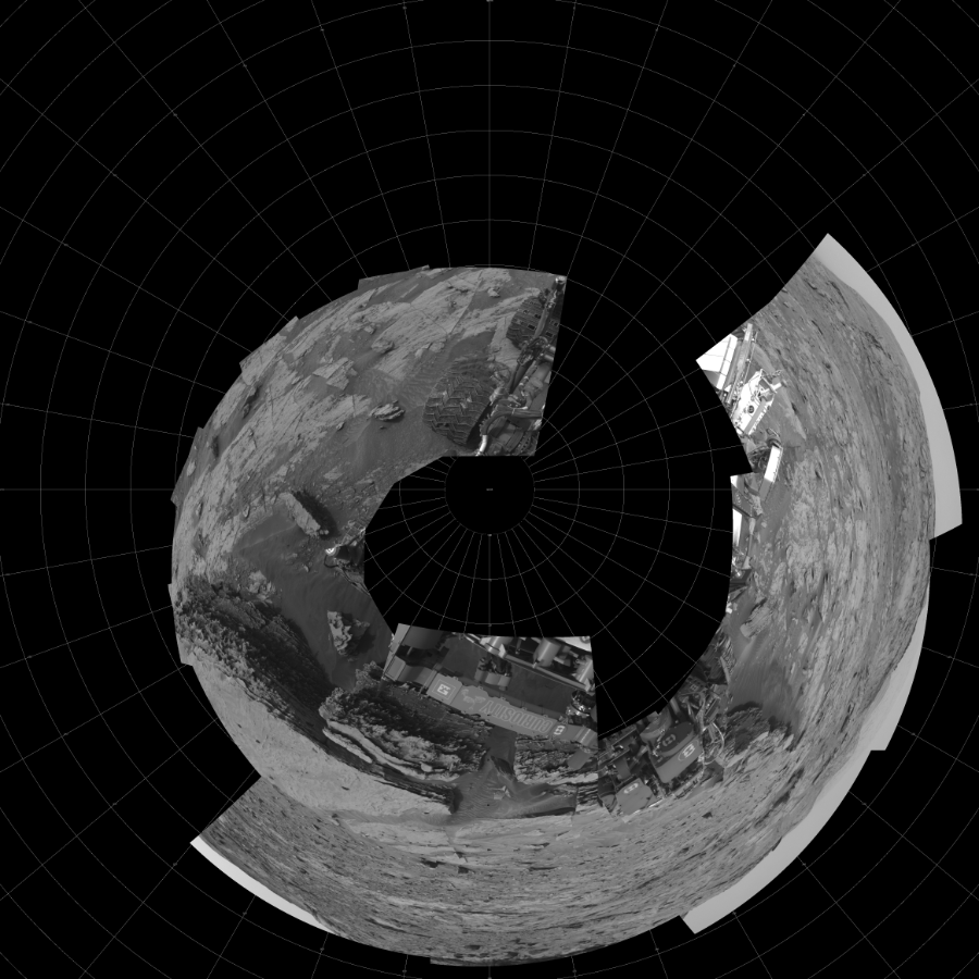 NASA's Mars rover Curiosity took 11 images in Gale Crater using its mast-mounted Left Navigation Camera (Navcam) to create this mosaic. The seam-corrected mosaic provides a polar stereographic projection panorama of the Martian surface with 0 degrees azimuth (measured clockwise from north) at the top of the image. Curiosity took the images on January 12, 2022, Sol 3354 of the Mars Science Laboratory mission at drive 2272, site number 92. The local mean solar time for the image exposures was 2 PM. Each Navcam image has a 45-degree field of view. CREDIT: NASA/JPL-Caltech