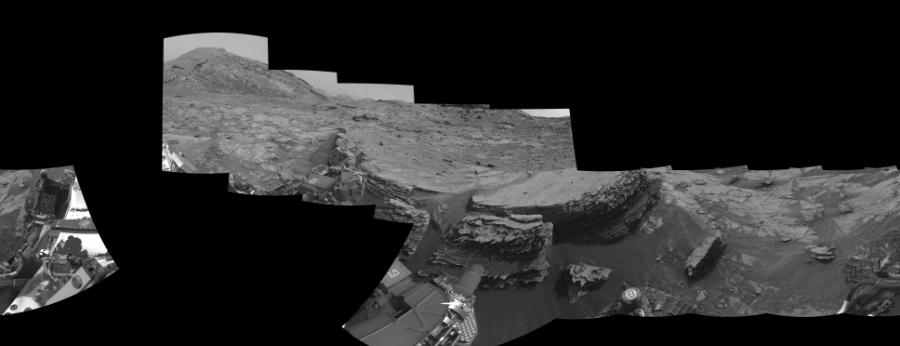 NASA's Mars rover Curiosity took 11 images in Gale Crater using its mast-mounted Right Navigation Camera (Navcam) to create this mosaic. The seam-corrected mosaic provides a 1-degree cylindrical-perspective projection panorama of the Martian surface suitable for stereo viewing, centered at 142 degrees azimuth (measured clockwise from north). This single-eye view must be combined with the partner left image to be viewed in stereo.  Curiosity took the images on January 12, 2022, Sol 3354 of the Mars Science Laboratory mission at drive 2272, site number 92. The local mean solar time for the image exposures was 2 PM. Each Navcam image has a 45-degree field of view. CREDIT: NASA/JPL-Caltech