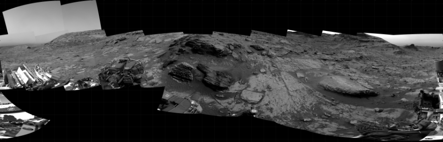 NASA's Mars rover Curiosity took 21 images in Gale Crater using its mast-mounted Right Navigation Camera (Navcam) to create this mosaic. The seam-corrected mosaic provides a 360-degree cylindrical projection panorama of the Martian surface centered at 196 degrees azimuth (measured clockwise from north). Curiosity took the images on January 18, 2022, Sol 3359 of the Mars Science Laboratory mission at drive 2650, site number 92. The local mean solar time for the image exposures was 2 PM. Each Navcam image has a 45 degree field of view. CREDIT: NASA/JPL-Caltech
