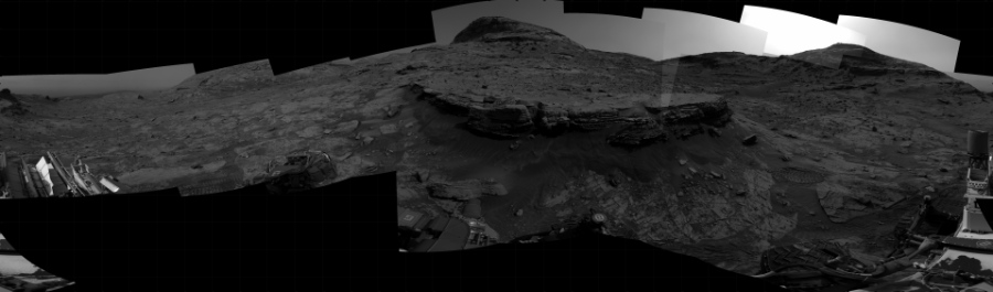 NASA's Mars rover Curiosity took 24 images in Gale Crater using its mast-mounted Right Navigation Camera (Navcam) to create this mosaic. The seam-corrected mosaic provides a 360-degree cylindrical projection panorama of the Martian surface centered at 173 degrees azimuth (measured clockwise from north). Curiosity took the images on January 31, 2022, Sol 3372 of the Mars Science Laboratory mission at drive 0, site number 93. The local mean solar time for the image exposures was 2 PM. Each Navcam image has a 45 degree field of view. CREDIT: NASA/JPL-Caltech