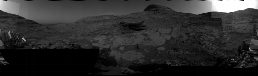 NASA's Mars rover Curiosity took 31 images in Gale Crater using its mast-mounted Right Navigation Camera (Navcam) to create this mosaic. The seam-corrected mosaic provides a 360-degree cylindrical projection panorama of the Martian surface centered at 133 degrees azimuth (measured clockwise from north). Curiosity took the images on February 04, 2022, Sol 3376 of the Mars Science Laboratory mission at drive 166, site number 93. The local mean solar time for the image exposures was from 2 PM to 3 PM. Each Navcam image has a 45 degree field of view. CREDIT: NASA/JPL-Caltech