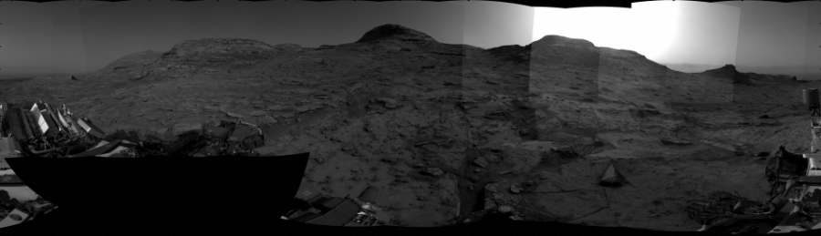 NASA's Mars rover Curiosity took 31 images in Gale Crater using its mast-mounted Right Navigation Camera (Navcam) to create this mosaic. The seam-corrected mosaic provides a 360-degree cylindrical projection panorama of the Martian surface centered at 195 degrees azimuth (measured clockwise from north). Curiosity took the images on February 07, 2022, Sol 3379 of the Mars Science Laboratory mission at drive 838, site number 93. The local mean solar time for the image exposures was 3 PM. Each Navcam image has a 45 degree field of view. CREDIT: NASA/JPL-Caltech