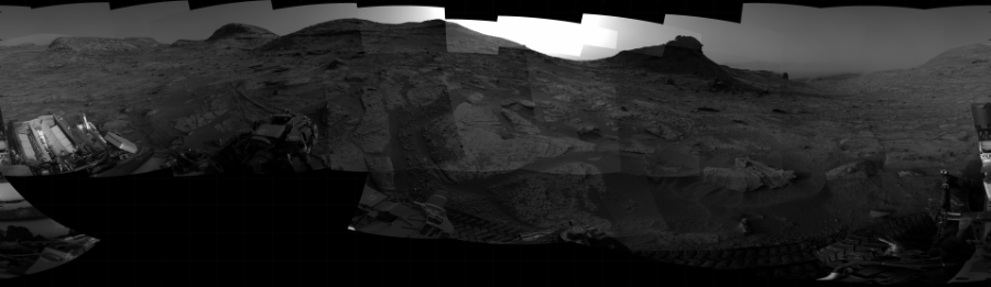 NASA's Mars rover Curiosity took 31 images in Gale Crater using its mast-mounted Right Navigation Camera (Navcam) to create this mosaic. The seam-corrected mosaic provides a 360-degree cylindrical projection panorama of the Martian surface centered at 271 degrees azimuth (measured clockwise from north). Curiosity took the images on February 09, 2022, Sol 3381 of the Mars Science Laboratory mission at drive 1274, site number 93. The local mean solar time for the image exposures was from 3 PM to 4 PM. Each Navcam image has a 45 degree field of view. CREDIT: NASA/JPL-Caltech