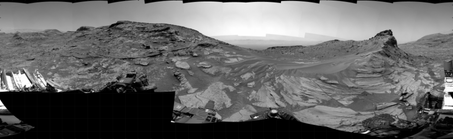 NASA's Mars rover Curiosity took 31 images in Gale Crater using its mast-mounted Right Navigation Camera (Navcam) to create this mosaic. The seam-corrected mosaic provides a 360-degree cylindrical projection panorama of the Martian surface centered at 280 degrees azimuth (measured clockwise from north). Curiosity took the images on February 14, 2022, Sol 3386 of the Mars Science Laboratory mission at drive 1748, site number 93. The local mean solar time for the image exposures was from 1 PM to 12 PM. Each Navcam image has a 45 degree field of view. CREDIT: NASA/JPL-Caltech
