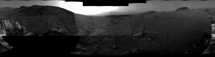 NASA's Mars rover Curiosity took 31 images in Gale Crater using its mast-mounted Right Navigation Camera (Navcam) to create this mosaic. The seam-corrected mosaic provides a 360-degree cylindrical projection panorama of the Martian surface centered at 308 degrees azimuth (measured clockwise from north). Curiosity took the images on February 15, 2022, Sol 3387 of the Mars Science Laboratory mission at drive 1866, site number 93. The local mean solar time for the image exposures was from 4 PM to 5 PM. Each Navcam image has a 45 degree field of view. CREDIT: NASA/JPL-Caltech