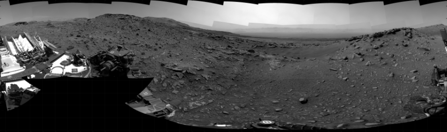 NASA's Mars rover Curiosity took 31 images in Gale Crater using its mast-mounted Right Navigation Camera (Navcam) to create this mosaic. The seam-corrected mosaic provides a 360-degree cylindrical projection panorama of the Martian surface centered at 256 degrees azimuth (measured clockwise from north). Curiosity took the images on February 18, 2022, Sol 3390 of the Mars Science Laboratory mission at drive 2080, site number 93. The local mean solar time for the image exposures was 1 PM. Each Navcam image has a 45 degree field of view. CREDIT: NASA/JPL-Caltech