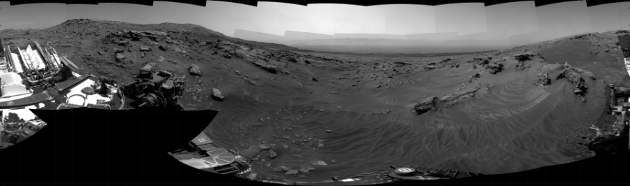NASA's Mars rover Curiosity took 31 images in Gale Crater using its mast-mounted Right Navigation Camera (Navcam) to create this mosaic. The seam-corrected mosaic provides a 360-degree cylindrical projection panorama of the Martian surface centered at 278 degrees azimuth (measured clockwise from north). Curiosity took the images on February 26, 2022, Sol 3397 of the Mars Science Laboratory mission at drive 2458, site number 93. The local mean solar time for the image exposures was 1 PM. Each Navcam image has a 45 degree field of view. CREDIT: NASA/JPL-Caltech