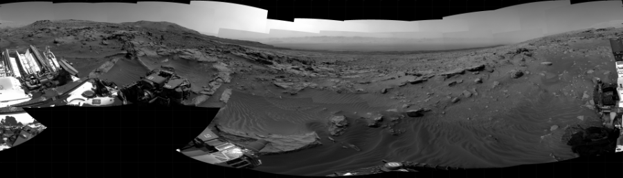 NASA's Mars rover Curiosity took 31 images in Gale Crater using its mast-mounted Right Navigation Camera (Navcam) to create this mosaic. The seam-corrected mosaic provides a 360-degree cylindrical projection panorama of the Martian surface centered at 290 degrees azimuth (measured clockwise from north). Curiosity took the images on March 02, 2022, Sol 3401 of the Mars Science Laboratory mission at drive 2578, site number 93. The local mean solar time for the image exposures was from 1 PM to 2 PM. Each Navcam image has a 45 degree field of view. CREDIT: NASA/JPL-Caltech
