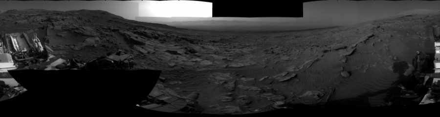 NASA's Mars rover Curiosity took 28 images in Gale Crater using its mast-mounted Right Navigation Camera (Navcam) to create this mosaic. The seam-corrected mosaic provides a 360-degree cylindrical projection panorama of the Martian surface centered at 304 degrees azimuth (measured clockwise from north). Curiosity took the images on March 04, 2022, Sol 3403 of the Mars Science Laboratory mission at drive 2626, site number 93. The local mean solar time for the image exposures was 3 PM. Each Navcam image has a 45 degree field of view. CREDIT: NASA/JPL-Caltech